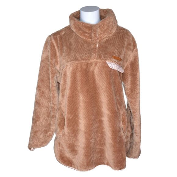 Simply Southern Quarter Snap Fleece Pullover Tan Pink Leopard Sherpa Soft XL - Picture 1 of 7